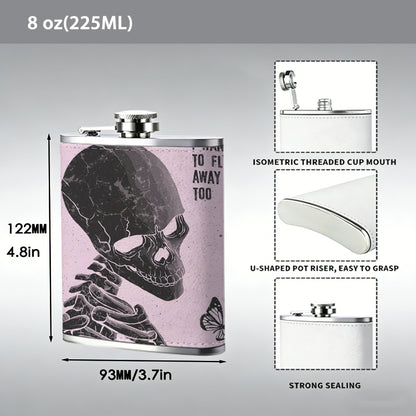Black skeleton, butterfly and text 304 Stainless Steel 8oz Hip Flask Portable Leak-Proof Pocket Whiskey Flask for Outdoor Camping Hiking
