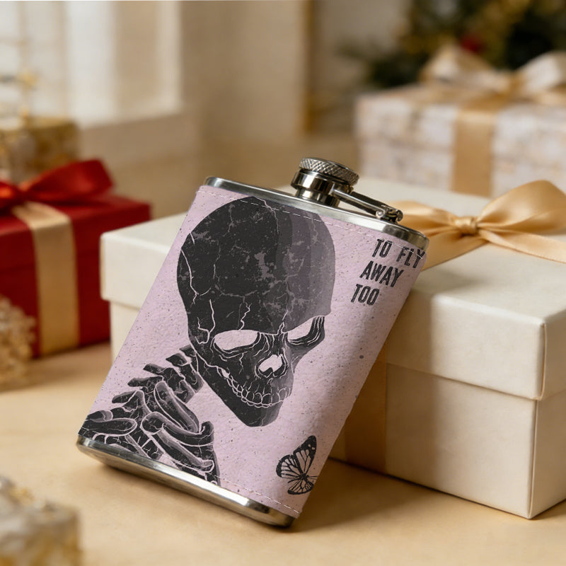 Black skeleton, butterfly and text 304 Stainless Steel 8oz Hip Flask Portable Leak-Proof Pocket Whiskey Flask for Outdoor Camping Hiking