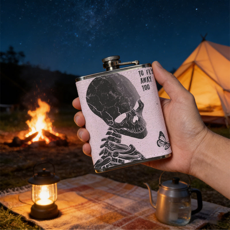 Black skeleton, butterfly and text 304 Stainless Steel 8oz Hip Flask Portable Leak-Proof Pocket Whiskey Flask for Outdoor Camping Hiking