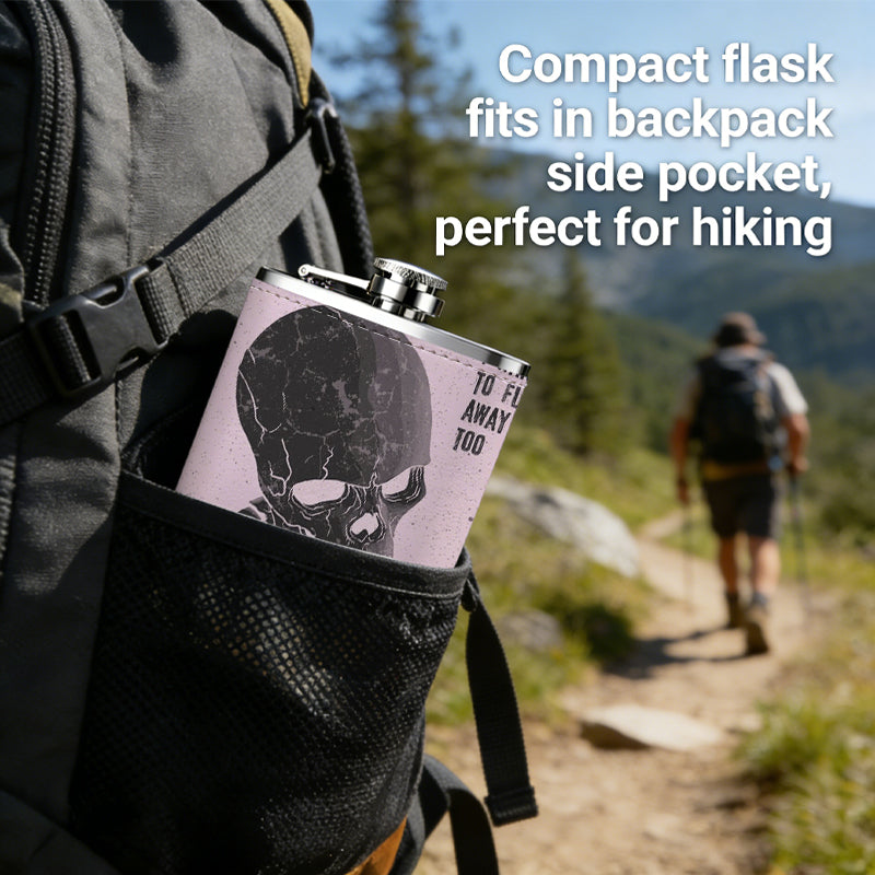 Black skeleton, butterfly and text 304 Stainless Steel 8oz Hip Flask Portable Leak-Proof Pocket Whiskey Flask for Outdoor Camping Hiking