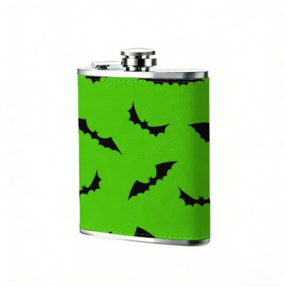 Green background with black curved arrows 304 Stainless Steel 8oz Hip Flask Portable Leak-Proof Pocket Whiskey Flask for Outdoor Camping Hiking