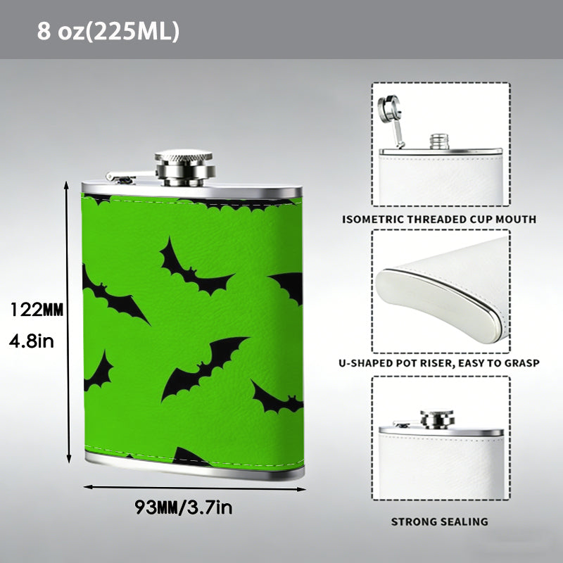 Green background with black curved arrows 304 Stainless Steel 8oz Hip Flask Portable Leak-Proof Pocket Whiskey Flask for Outdoor Camping Hiking