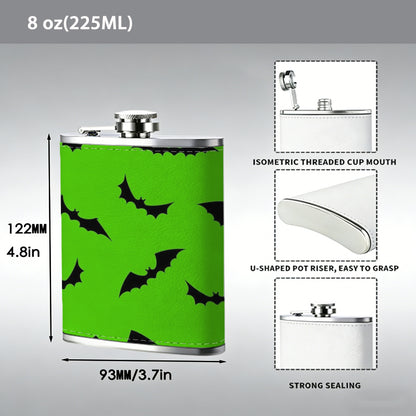 Green background with black curved arrows 304 Stainless Steel 8oz Hip Flask Portable Leak-Proof Pocket Whiskey Flask for Outdoor Camping Hiking