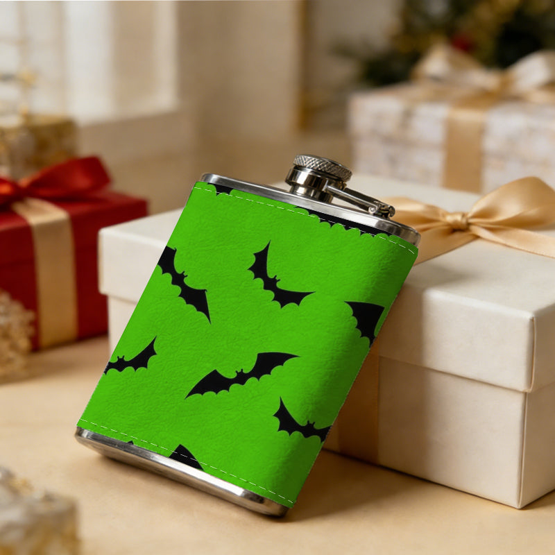 Green background with black curved arrows 304 Stainless Steel 8oz Hip Flask Portable Leak-Proof Pocket Whiskey Flask for Outdoor Camping Hiking