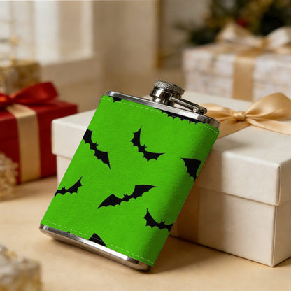 Green background with black curved arrows 304 Stainless Steel 8oz Hip Flask Portable Leak-Proof Pocket Whiskey Flask for Outdoor Camping Hiking