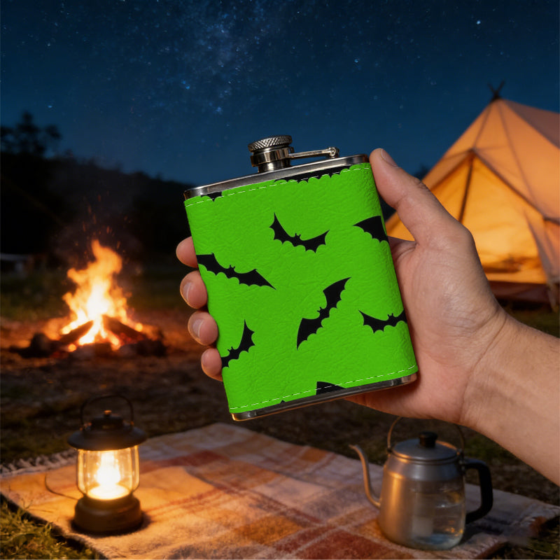Green background with black curved arrows 304 Stainless Steel 8oz Hip Flask Portable Leak-Proof Pocket Whiskey Flask for Outdoor Camping Hiking