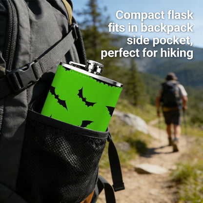 Green background with black curved arrows 304 Stainless Steel 8oz Hip Flask Portable Leak-Proof Pocket Whiskey Flask for Outdoor Camping Hiking