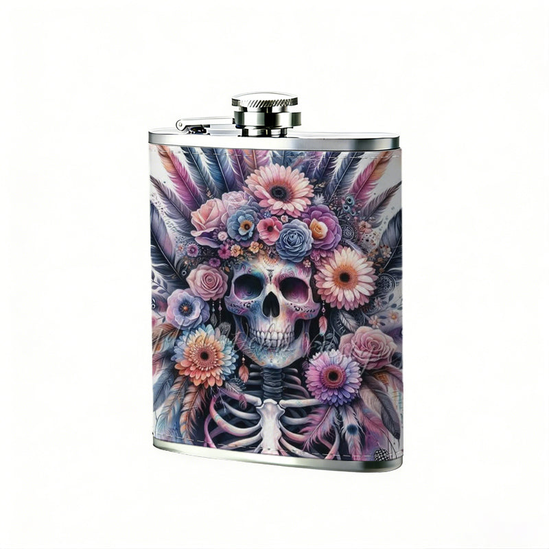 Skull with flowers and feathers 304 Stainless Steel 8oz Hip Flask Portable Leak-Proof Pocket Whiskey Flask for Outdoor Camping Hiking