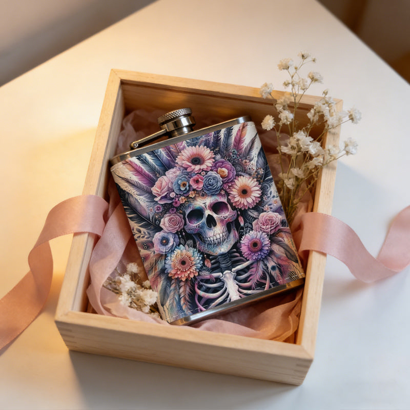 Skull with flowers and feathers 304 Stainless Steel 8oz Hip Flask Portable Leak-Proof Pocket Whiskey Flask for Outdoor Camping Hiking