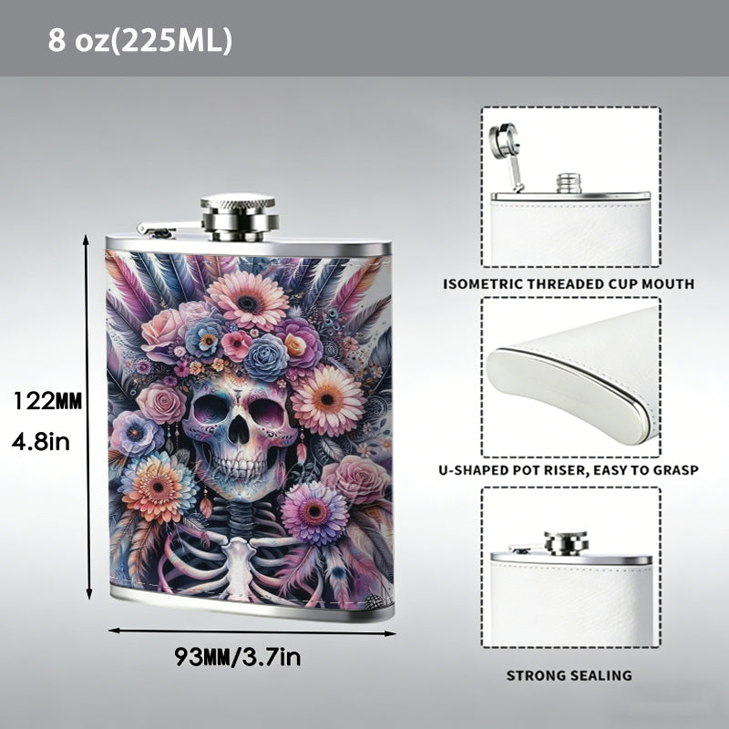 Skull with flowers and feathers 304 Stainless Steel 8oz Hip Flask Portable Leak-Proof Pocket Whiskey Flask for Outdoor Camping Hiking