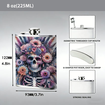 Skull with flowers and feathers 304 Stainless Steel 8oz Hip Flask Portable Leak-Proof Pocket Whiskey Flask for Outdoor Camping Hiking