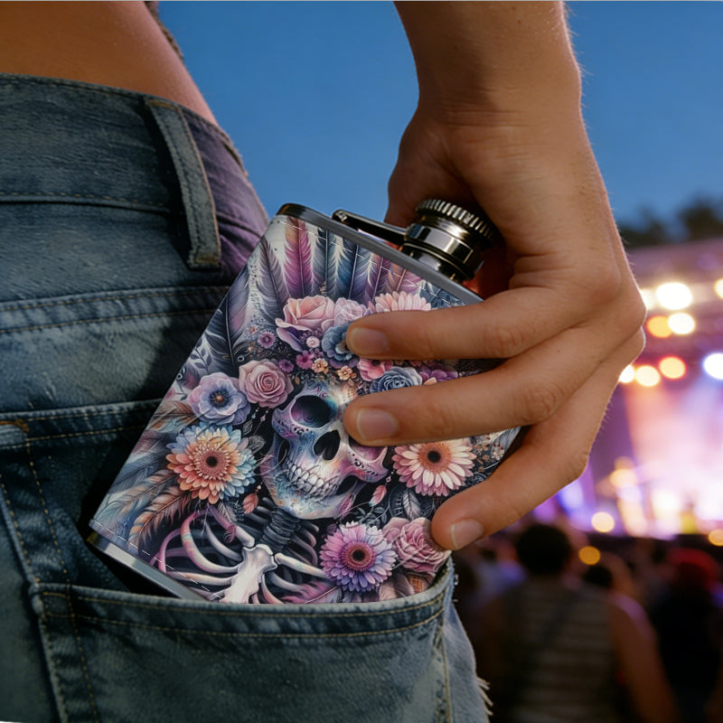 Skull with flowers and feathers 304 Stainless Steel 8oz Hip Flask Portable Leak-Proof Pocket Whiskey Flask for Outdoor Camping Hiking