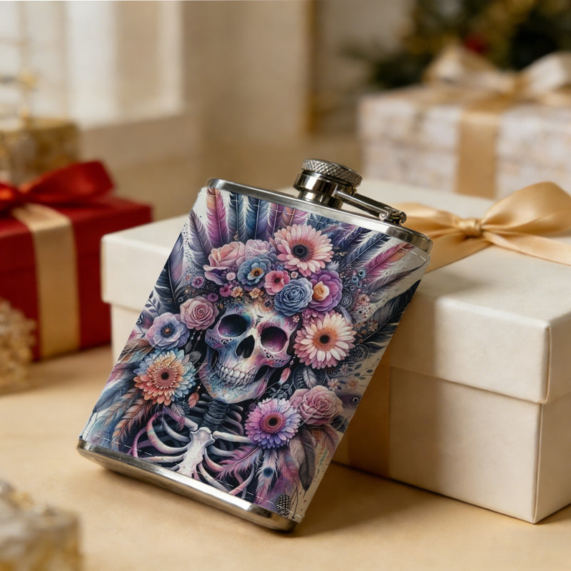 Skull with flowers and feathers 304 Stainless Steel 8oz Hip Flask Portable Leak-Proof Pocket Whiskey Flask for Outdoor Camping Hiking