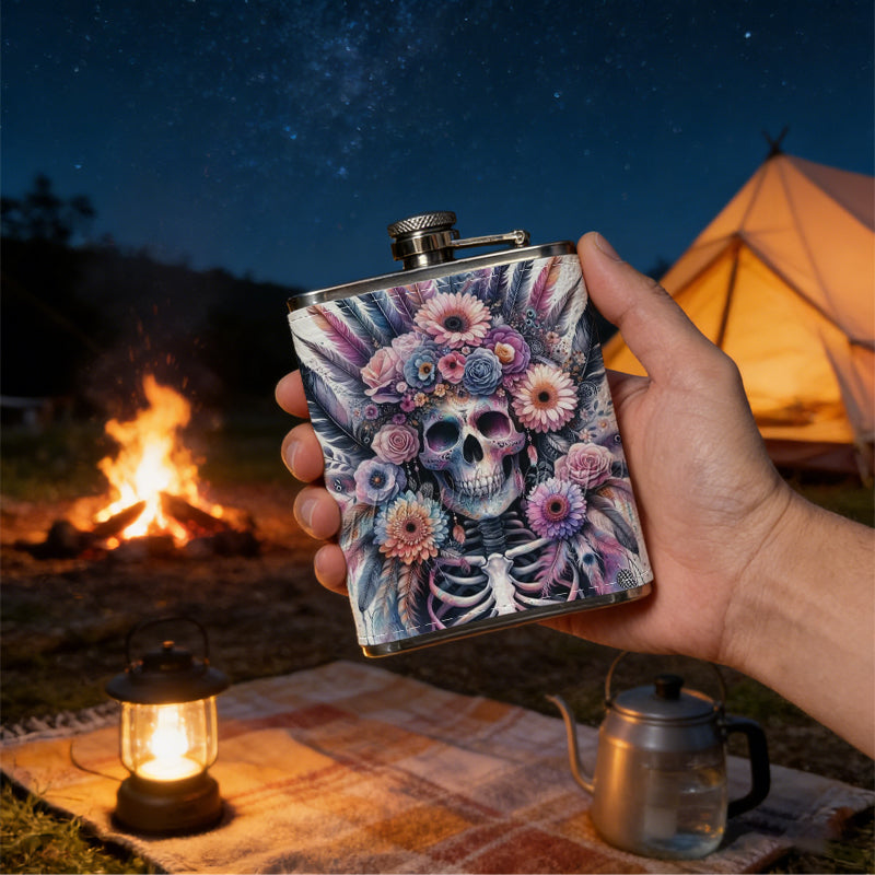 Skull with flowers and feathers 304 Stainless Steel 8oz Hip Flask Portable Leak-Proof Pocket Whiskey Flask for Outdoor Camping Hiking