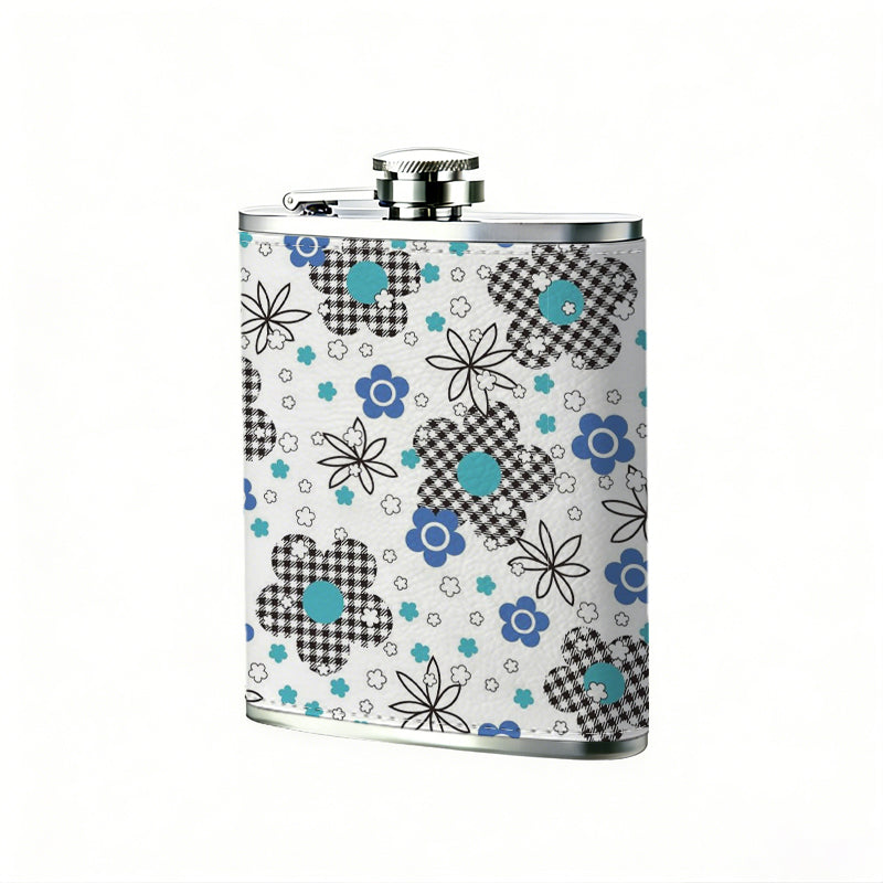 Colorful floral pattern on white background 304 Stainless Steel 8oz Hip Flask Portable Leak-Proof Pocket Whiskey Flask for Outdoor Camping Hiking