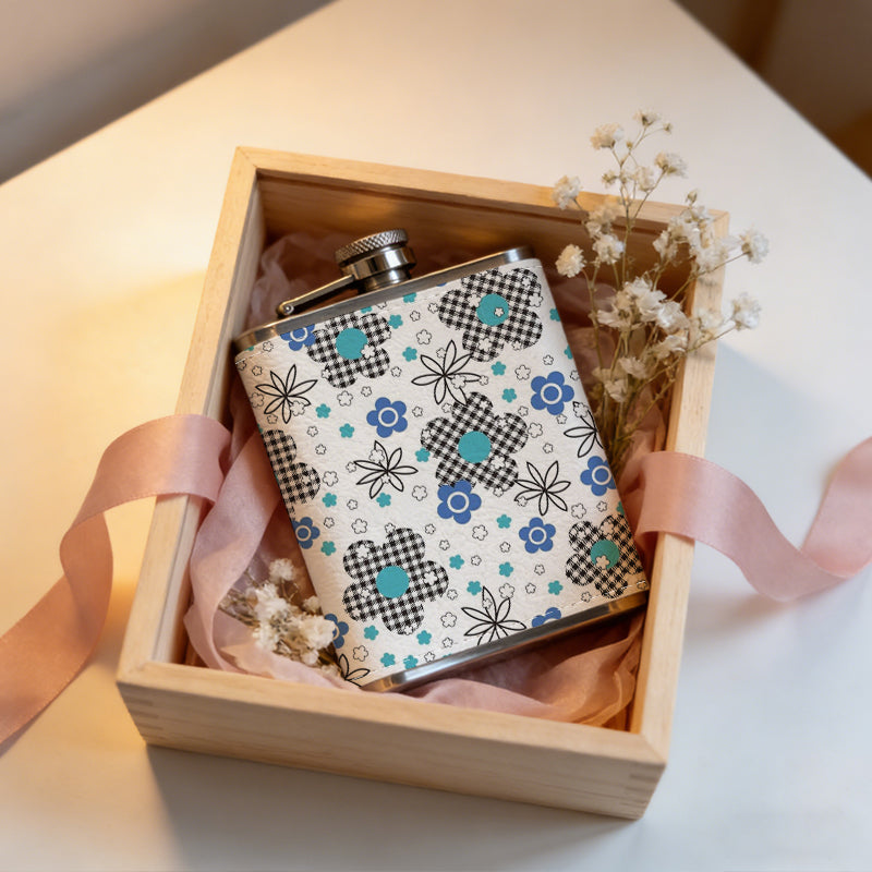 Colorful floral pattern on white background 304 Stainless Steel 8oz Hip Flask Portable Leak-Proof Pocket Whiskey Flask for Outdoor Camping Hiking