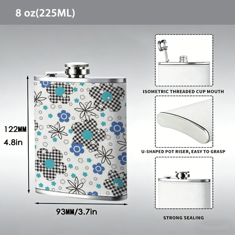Colorful floral pattern on white background 304 Stainless Steel 8oz Hip Flask Portable Leak-Proof Pocket Whiskey Flask for Outdoor Camping Hiking