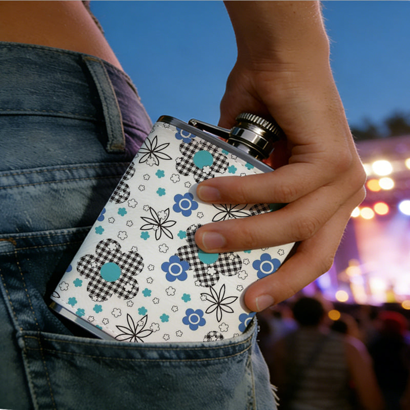 Colorful floral pattern on white background 304 Stainless Steel 8oz Hip Flask Portable Leak-Proof Pocket Whiskey Flask for Outdoor Camping Hiking