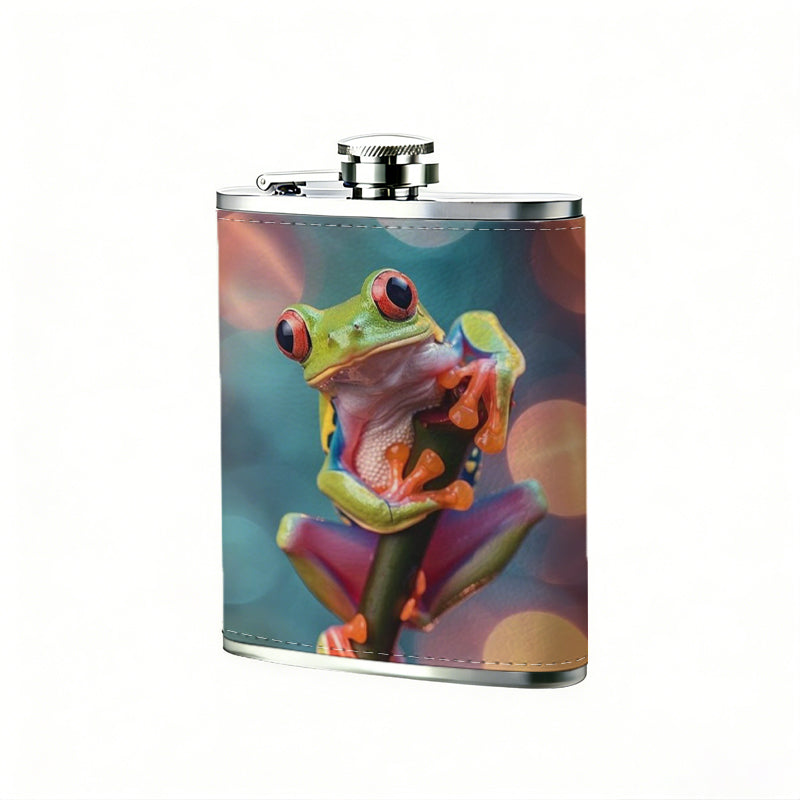 A green tree frog on plant with bokeh background 304 Stainless Steel 8oz Hip Flask Portable Leak-Proof Pocket Whiskey Flask for Outdoor Camping Hiking