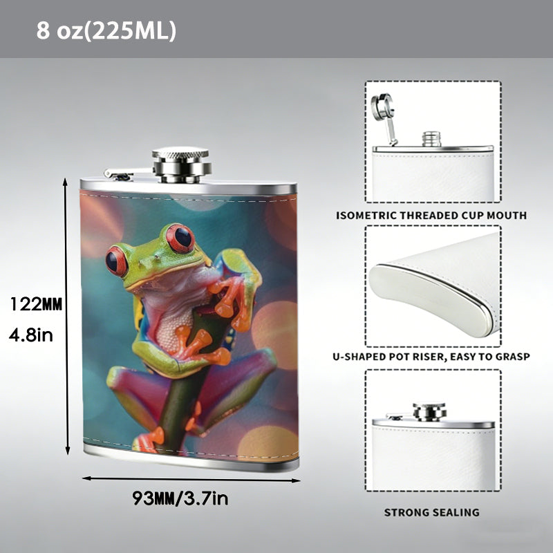 A green tree frog on plant with bokeh background 304 Stainless Steel 8oz Hip Flask Portable Leak-Proof Pocket Whiskey Flask for Outdoor Camping Hiking