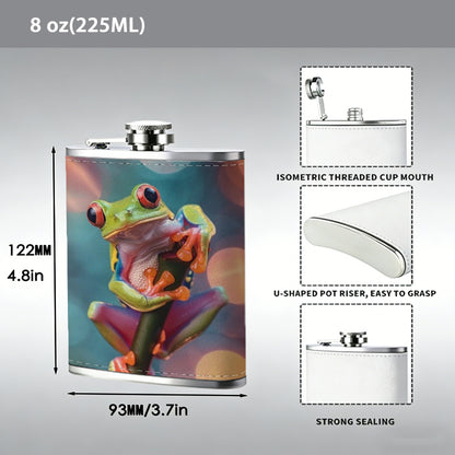 A green tree frog on plant with bokeh background 304 Stainless Steel 8oz Hip Flask Portable Leak-Proof Pocket Whiskey Flask for Outdoor Camping Hiking