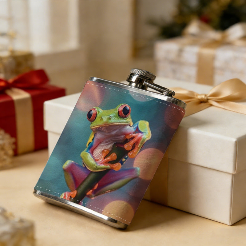 A green tree frog on plant with bokeh background 304 Stainless Steel 8oz Hip Flask Portable Leak-Proof Pocket Whiskey Flask for Outdoor Camping Hiking