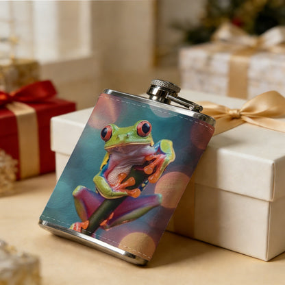 A green tree frog on plant with bokeh background 304 Stainless Steel 8oz Hip Flask Portable Leak-Proof Pocket Whiskey Flask for Outdoor Camping Hiking