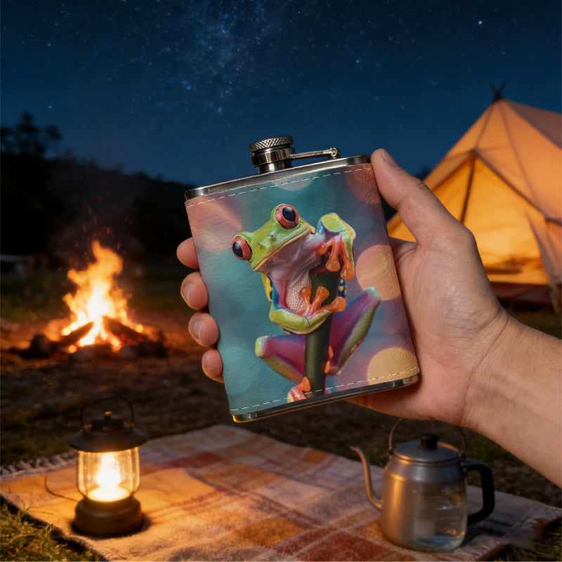A green tree frog on plant with bokeh background 304 Stainless Steel 8oz Hip Flask Portable Leak-Proof Pocket Whiskey Flask for Outdoor Camping Hiking