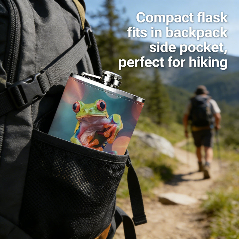A green tree frog on plant with bokeh background 304 Stainless Steel 8oz Hip Flask Portable Leak-Proof Pocket Whiskey Flask for Outdoor Camping Hiking