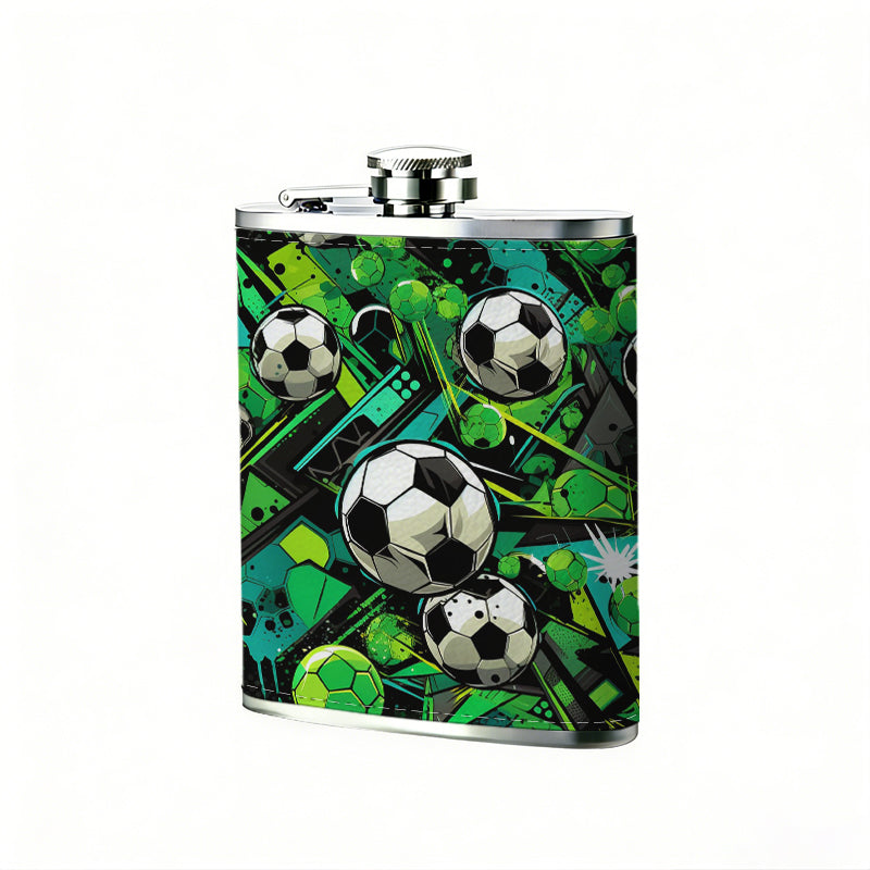 Artistic soccer balls and green background 304 Stainless Steel 8oz Hip Flask Portable Leak-Proof Pocket Whiskey Flask for Outdoor Camping Hiking