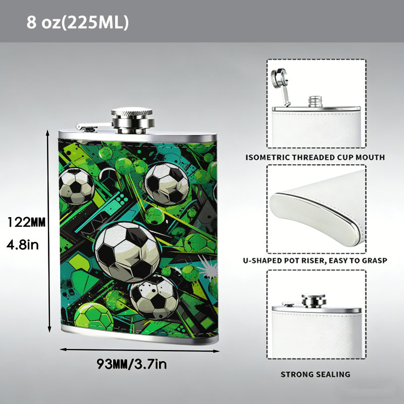 Artistic soccer balls and green background 304 Stainless Steel 8oz Hip Flask Portable Leak-Proof Pocket Whiskey Flask for Outdoor Camping Hiking