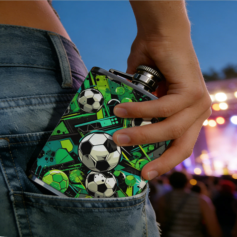 Artistic soccer balls and green background 304 Stainless Steel 8oz Hip Flask Portable Leak-Proof Pocket Whiskey Flask for Outdoor Camping Hiking