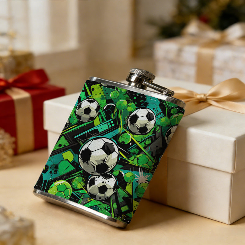 Artistic soccer balls and green background 304 Stainless Steel 8oz Hip Flask Portable Leak-Proof Pocket Whiskey Flask for Outdoor Camping Hiking
