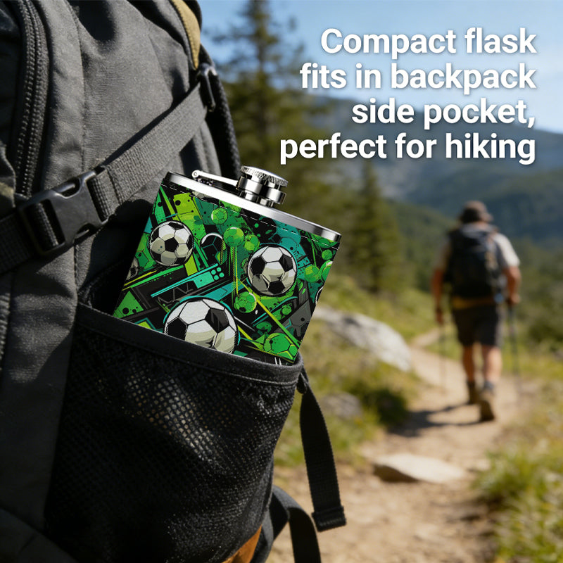 Artistic soccer balls and green background 304 Stainless Steel 8oz Hip Flask Portable Leak-Proof Pocket Whiskey Flask for Outdoor Camping Hiking
