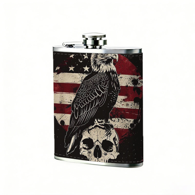 Bald eagle, US flag and skull 304 Stainless Steel 8oz Hip Flask Portable Leak-Proof Pocket Whiskey Flask for Outdoor Camping Hiking