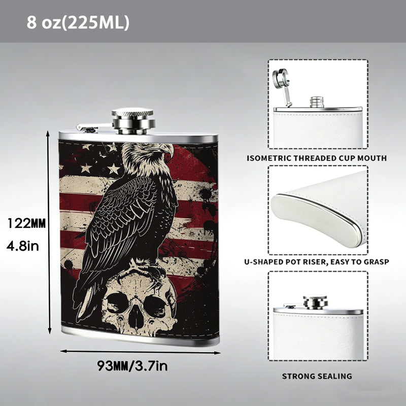 Bald eagle, US flag and skull 304 Stainless Steel 8oz Hip Flask Portable Leak-Proof Pocket Whiskey Flask for Outdoor Camping Hiking