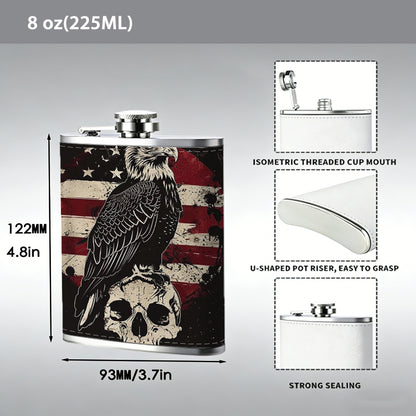 Bald eagle, US flag and skull 304 Stainless Steel 8oz Hip Flask Portable Leak-Proof Pocket Whiskey Flask for Outdoor Camping Hiking