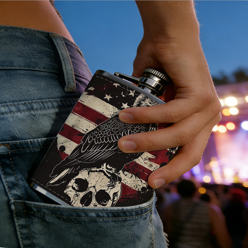 Bald eagle, US flag and skull 304 Stainless Steel 8oz Hip Flask Portable Leak-Proof Pocket Whiskey Flask for Outdoor Camping Hiking
