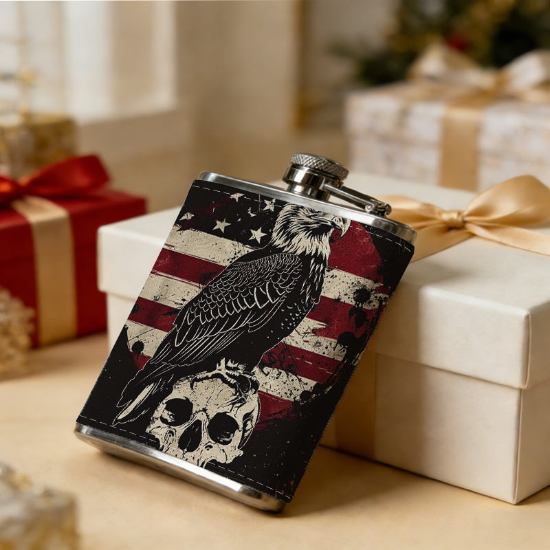 Bald eagle, US flag and skull 304 Stainless Steel 8oz Hip Flask Portable Leak-Proof Pocket Whiskey Flask for Outdoor Camping Hiking