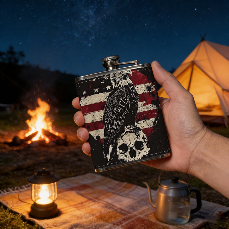 Bald eagle, US flag and skull 304 Stainless Steel 8oz Hip Flask Portable Leak-Proof Pocket Whiskey Flask for Outdoor Camping Hiking