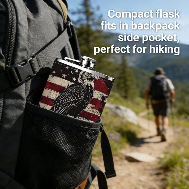 Bald eagle, US flag and skull 304 Stainless Steel 8oz Hip Flask Portable Leak-Proof Pocket Whiskey Flask for Outdoor Camping Hiking