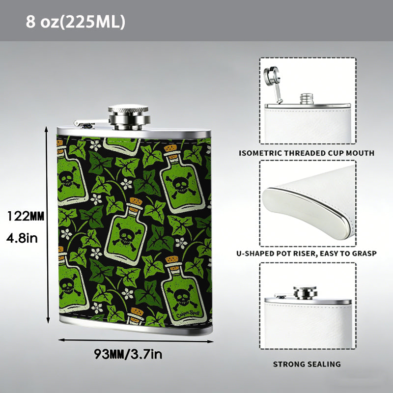 Green square pattern background 304 Stainless Steel 8oz Hip Flask Portable Leak-Proof Pocket Whiskey Flask for Outdoor Camping Hiking