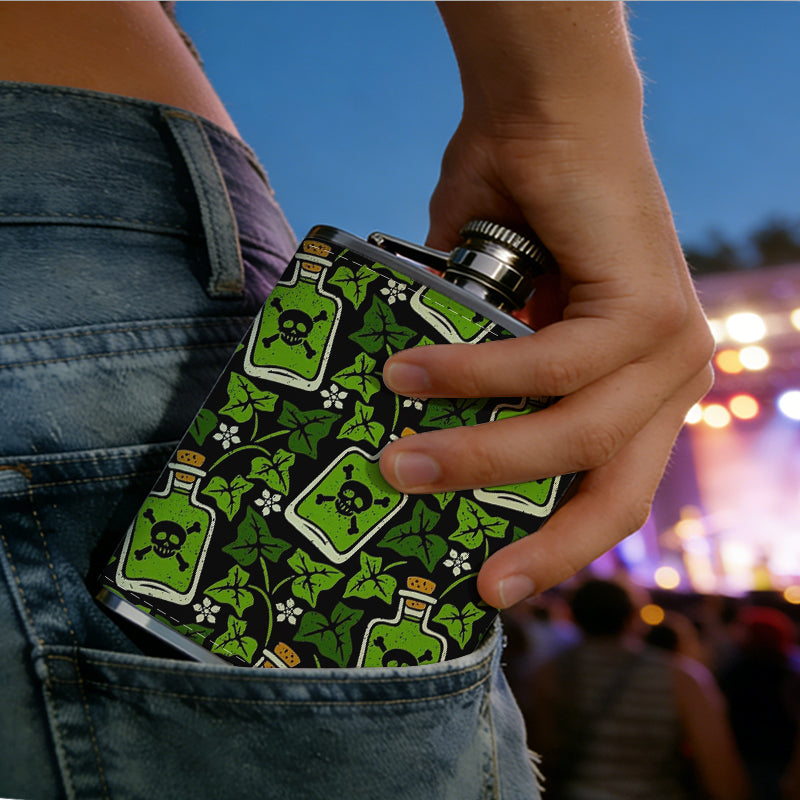 Green square pattern background 304 Stainless Steel 8oz Hip Flask Portable Leak-Proof Pocket Whiskey Flask for Outdoor Camping Hiking