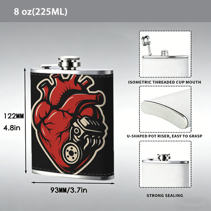 Mechanical heart sticker on black background 304 Stainless Steel 8oz Hip Flask Portable Leak-Proof Pocket Whiskey Flask for Outdoor Camping Hiking