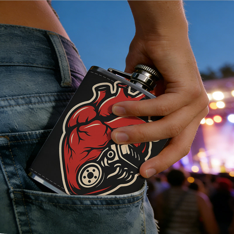 Mechanical heart sticker on black background 304 Stainless Steel 8oz Hip Flask Portable Leak-Proof Pocket Whiskey Flask for Outdoor Camping Hiking
