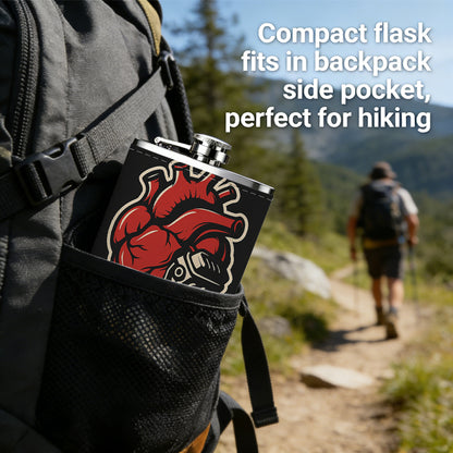 Mechanical heart sticker on black background 304 Stainless Steel 8oz Hip Flask Portable Leak-Proof Pocket Whiskey Flask for Outdoor Camping Hiking