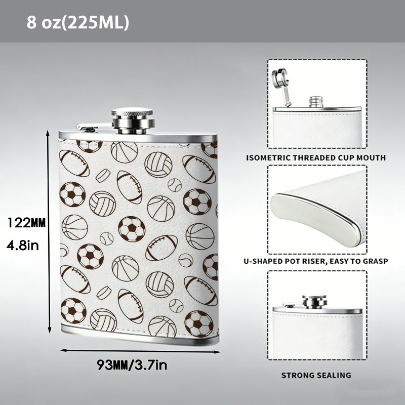 Seamless pattern of sports balls 304 Stainless Steel 8oz Hip Flask Portable Leak-Proof Pocket Whiskey Flask for Outdoor Camping Hiking