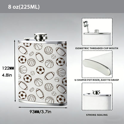 Seamless pattern of sports balls 304 Stainless Steel 8oz Hip Flask Portable Leak-Proof Pocket Whiskey Flask for Outdoor Camping Hiking