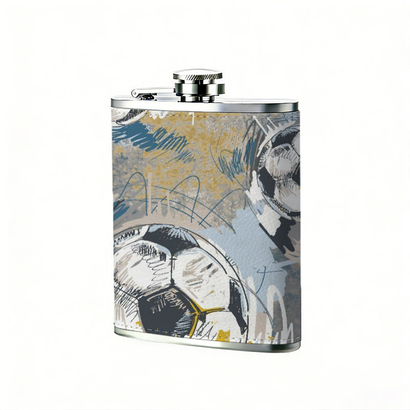Several hand-drawn soccer balls 304 Stainless Steel 8oz Hip Flask Portable Leak-Proof Pocket Whiskey Flask for Outdoor Camping Hiking