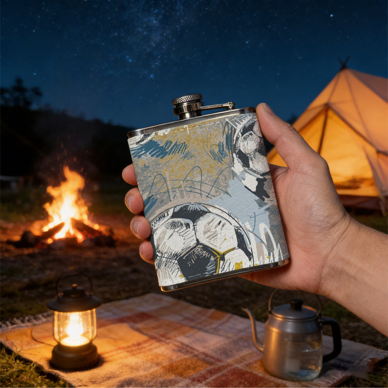 Several hand-drawn soccer balls 304 Stainless Steel 8oz Hip Flask Portable Leak-Proof Pocket Whiskey Flask for Outdoor Camping Hiking